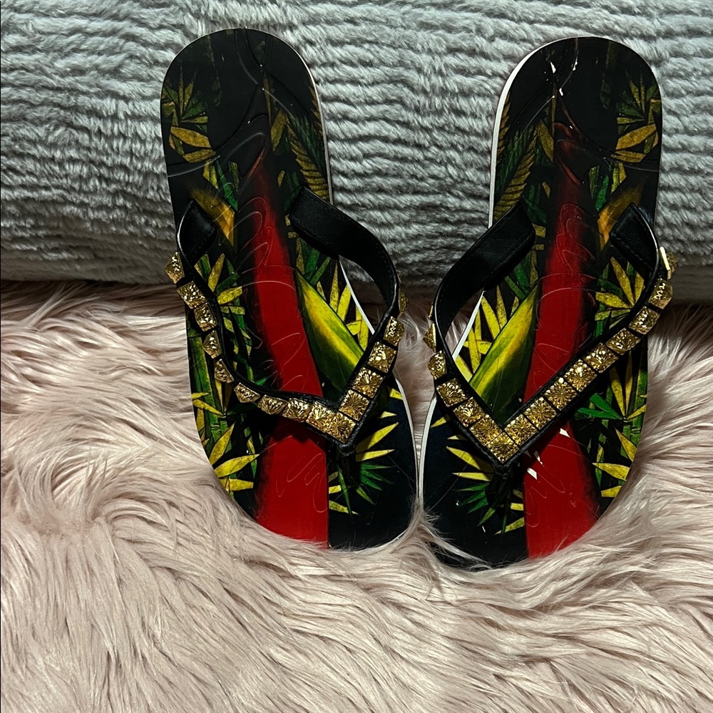 Christian Louboutin Black and Red Sandals with Gold Accents